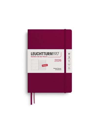 Kalender Leuchtturm 2026 A5 uge+noter linjeret hardcover port red